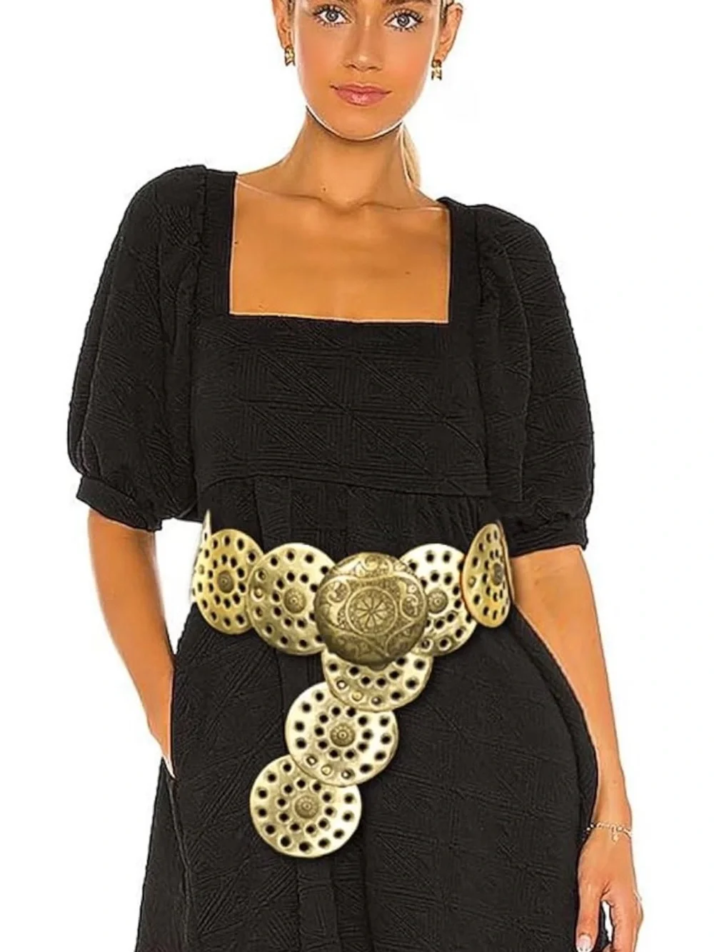 Wide Disc Belt for Women Vintage Leather Hollow Out Round Belt Western Waist Bel